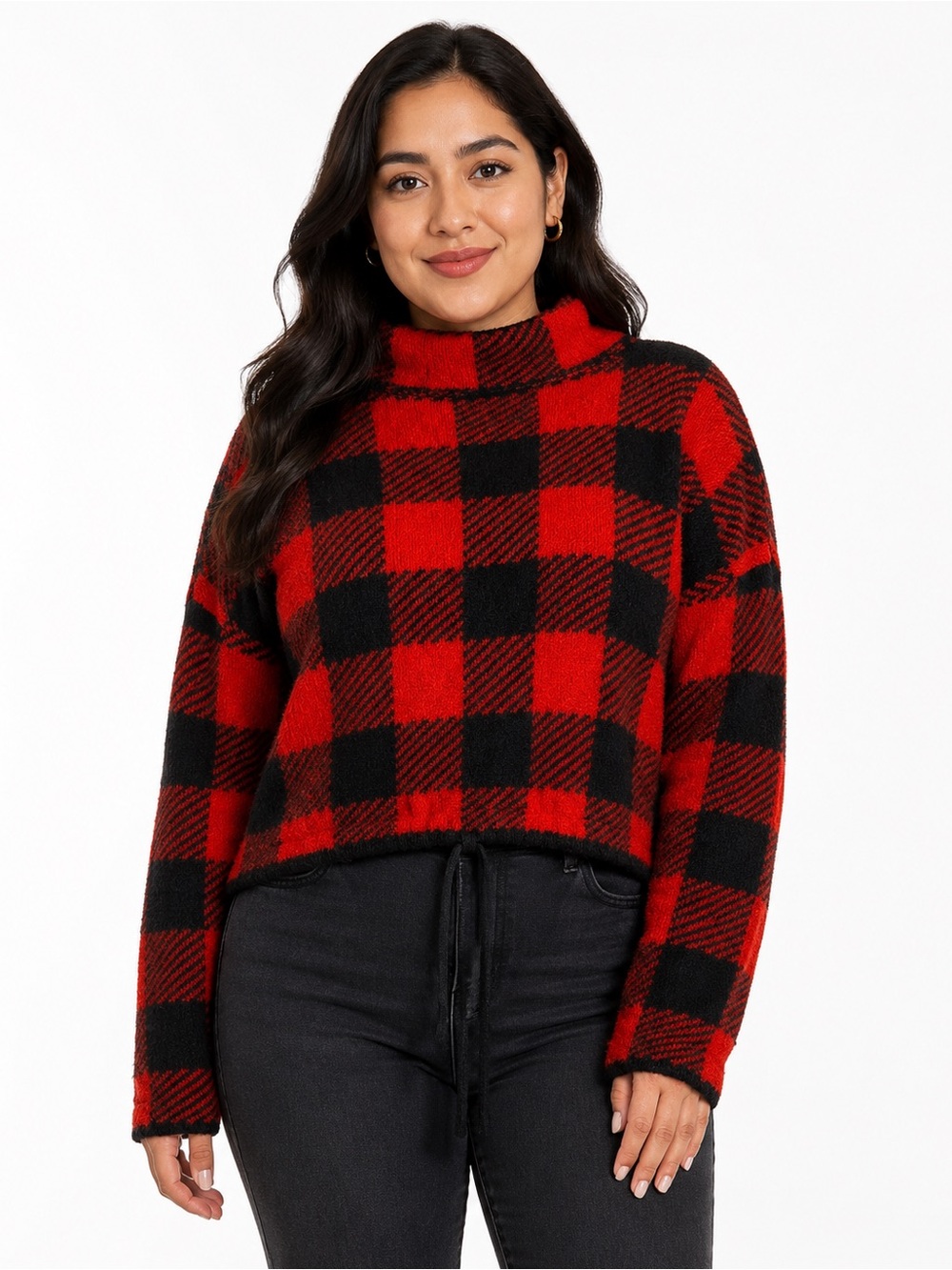 No Boundaries Red & Black Buffalo Plaid Cropped Turtleneck Sweater